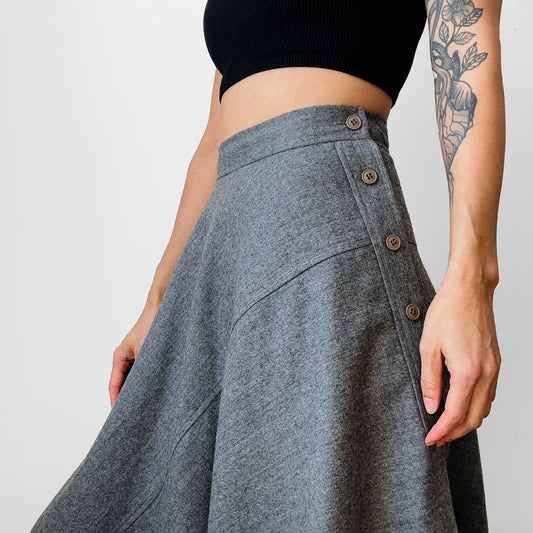 1970s Grey Side-Button Wool Fit and Flare Harve Benard Skirt - Sz. M/L