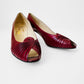 1960s Dark Red Leather Peep-Toe Slip-On Heels - Sz. 7.5B