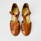 1970s Structured Tobacco Brown Leather Rubber Soled T-Strap Mary Jane Sandals Shoes - Sz. 7