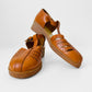 1970s Structured Tobacco Brown Leather Rubber Soled T-Strap Mary Jane Sandals Shoes - Sz. 7