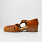 1970s Structured Tobacco Brown Leather Rubber Soled T-Strap Mary Jane Sandals Shoes - Sz. 7