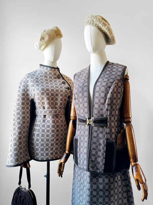 1960s - 1970s Taupe and Cream Welsh Woollen Suede Pocket Two-Piece Skirt and Vest Set