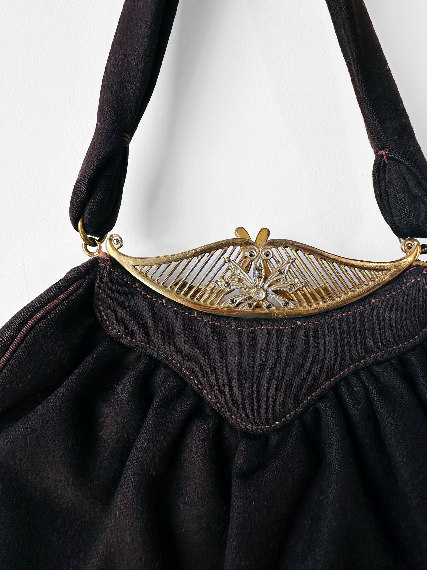 1950s - 1960s Jewelled Dark Brown Cloth Purse with Ornate Gold-Tone Clasp