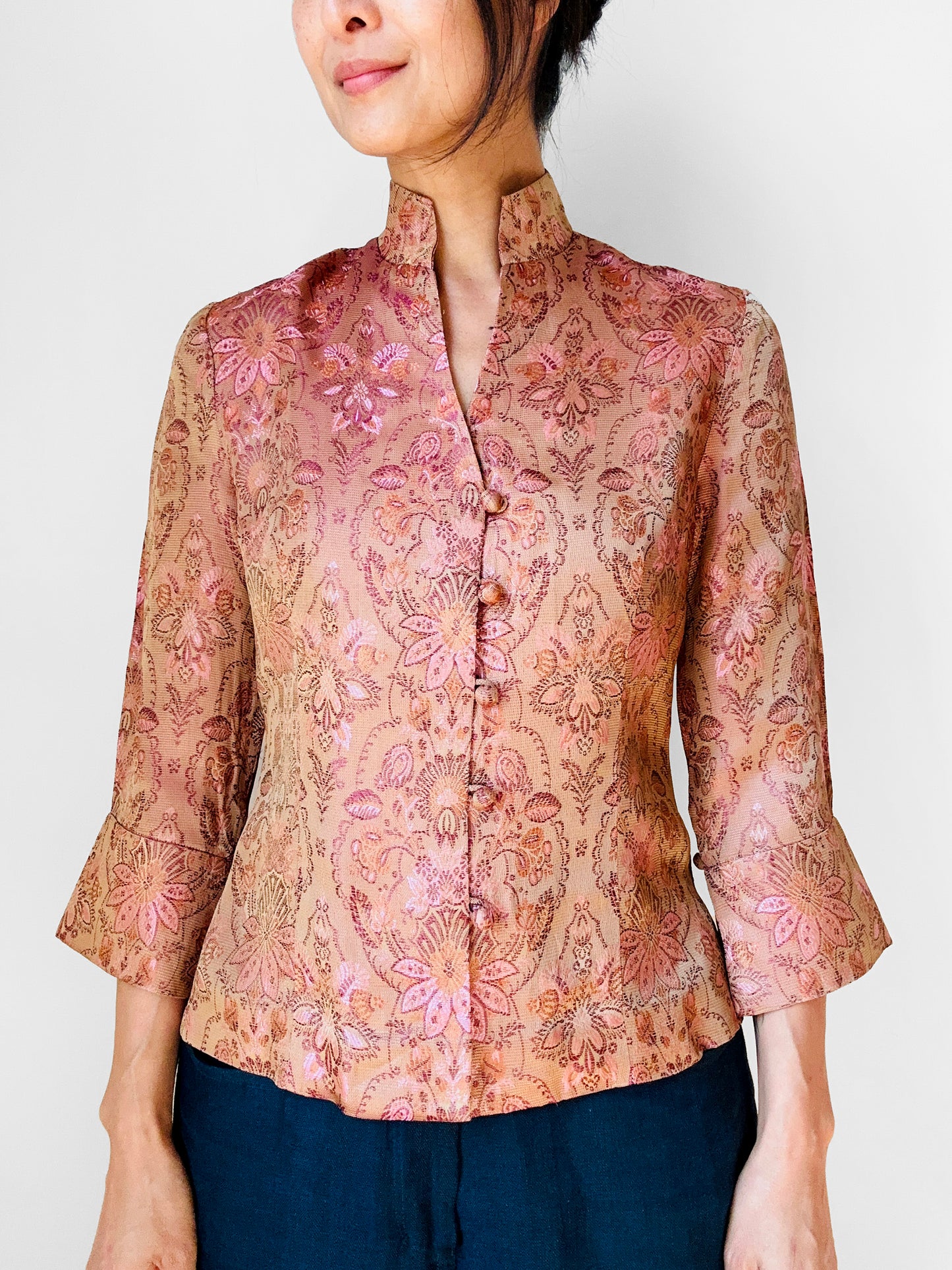 1990s Fitted Button Front European Silk Brocade Top- Sz. XS/S