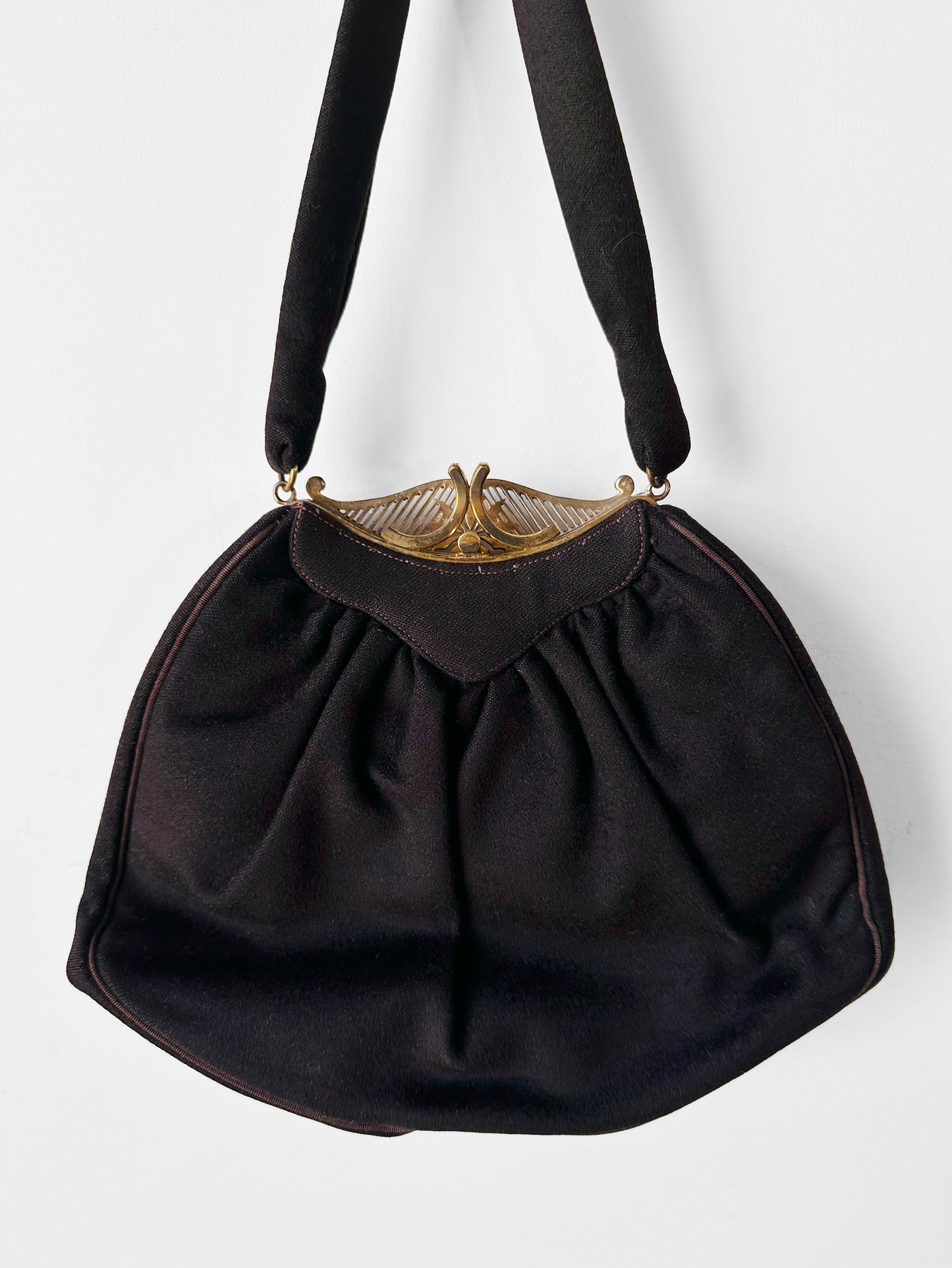 1950s - 1960s Jewelled Dark Brown Cloth Purse with Ornate Gold-Tone Clasp