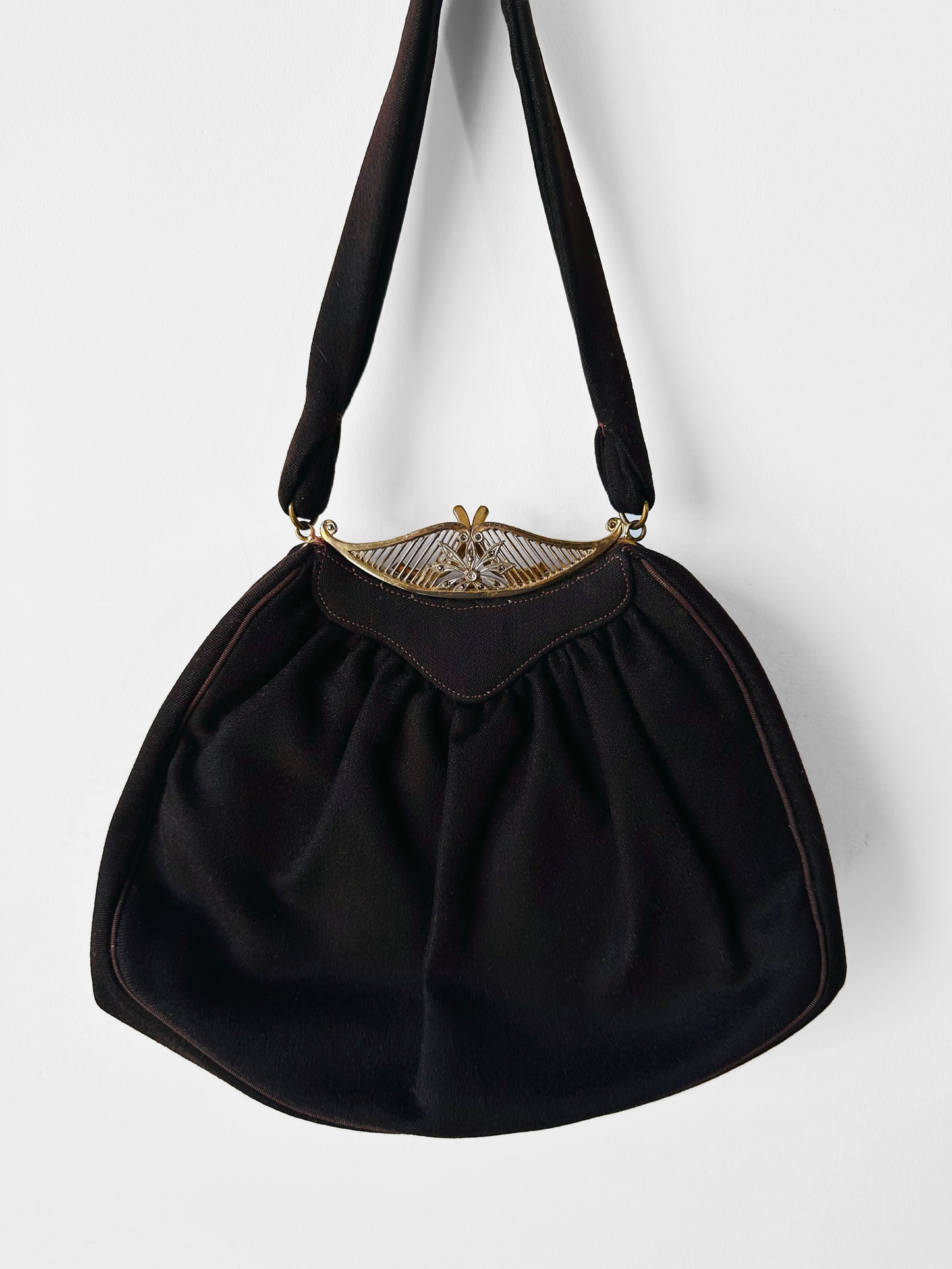 1950s - 1960s Jewelled Dark Brown Cloth Purse with Ornate Gold-Tone Clasp