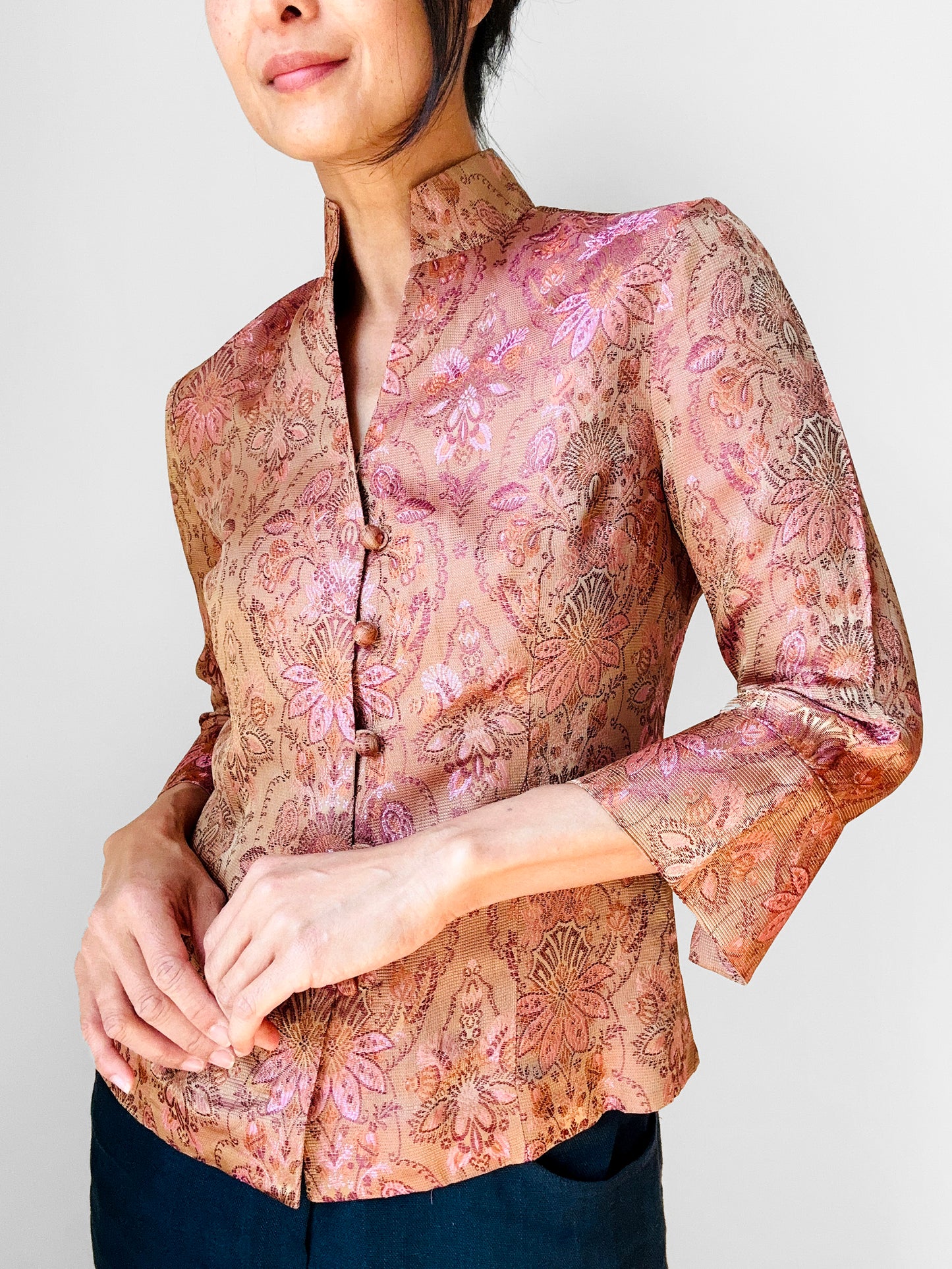 1990s Fitted Button Front European Silk Brocade Top- Sz. XS/S