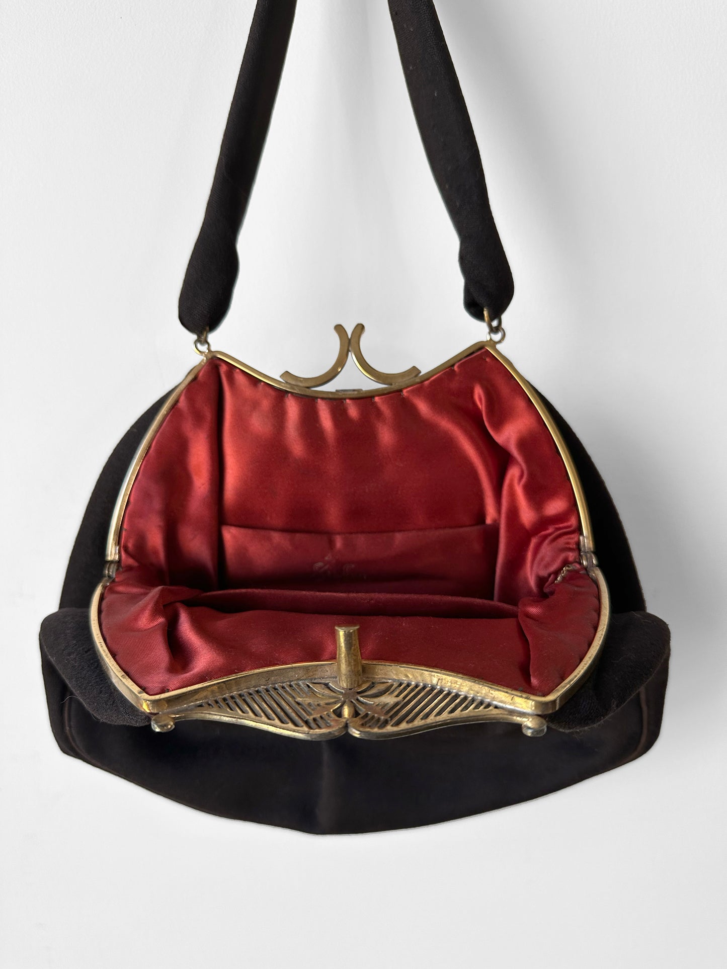 1950s - 1960s Jewelled Dark Brown Cloth Purse with Ornate Gold-Tone Clasp