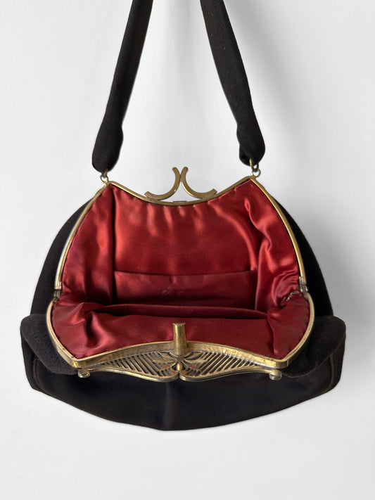 1950s - 1960s Jewelled Dark Brown Cloth Purse with Ornate Gold-Tone Clasp