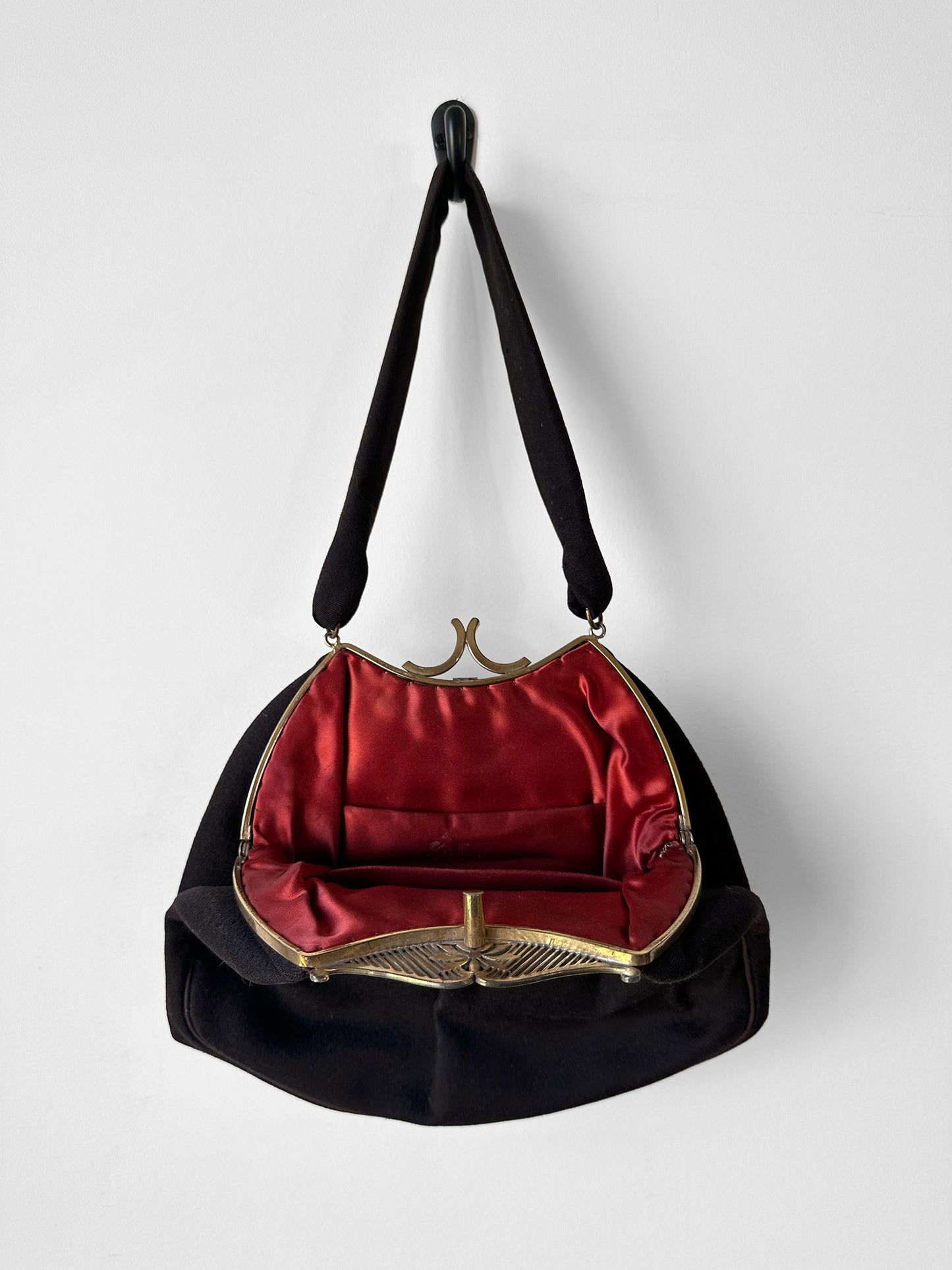 1950s - 1960s Jewelled Dark Brown Cloth Purse with Ornate Gold-Tone Clasp