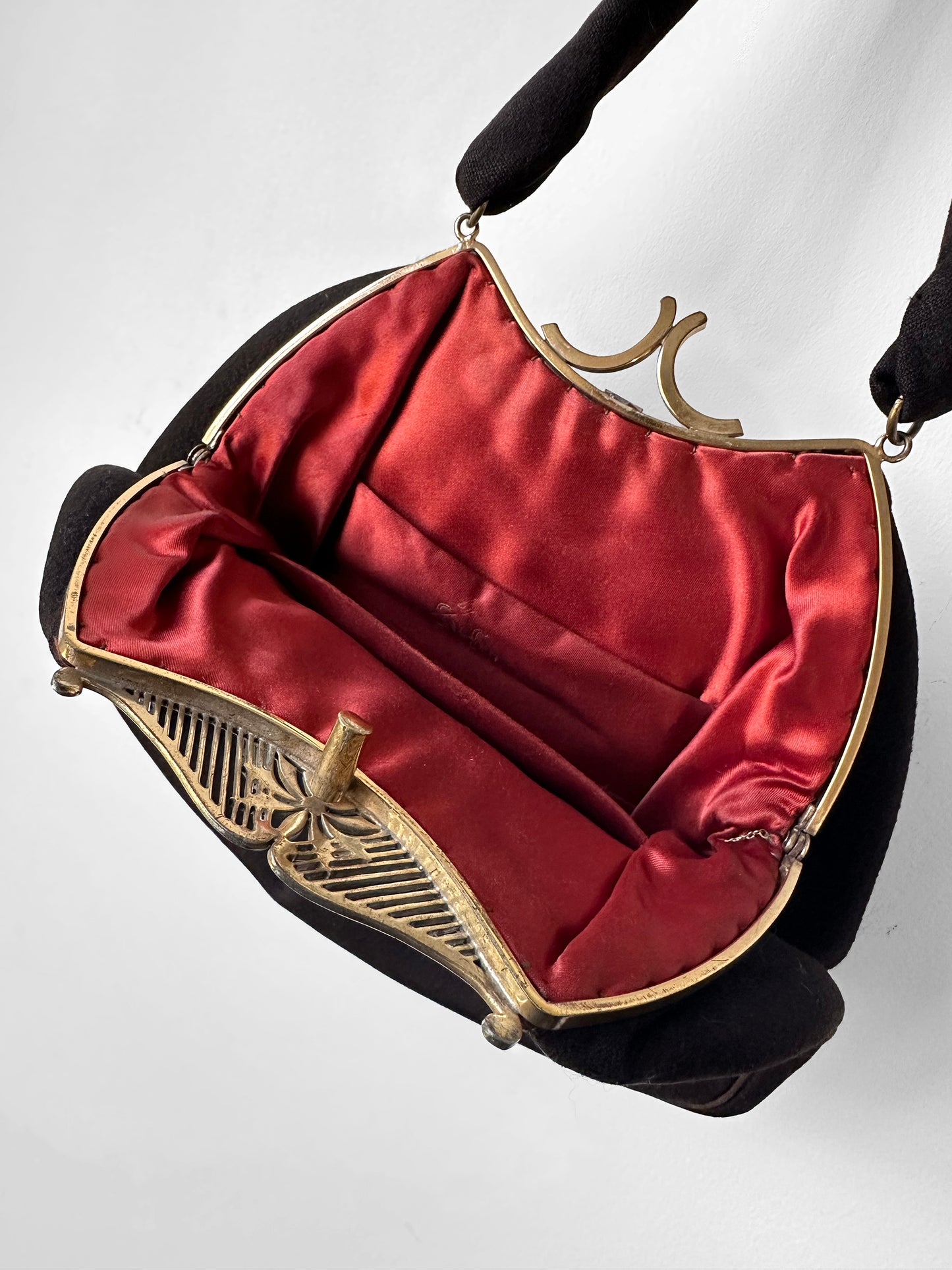 1950s - 1960s Jewelled Dark Brown Cloth Purse with Ornate Gold-Tone Clasp