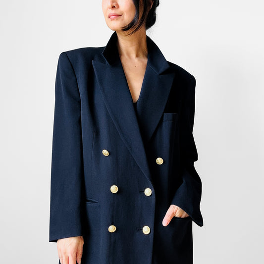 1980s Navy Blue Double Breasted Naval Style Wool Blazer Jacket - Sz. M/L