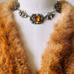 1920s Art Deco Enamelled Floral Metal Jeweled Amber Glass Link Necklace