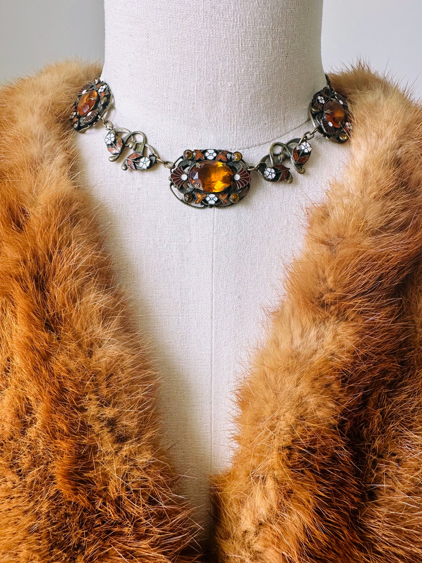 1920s Art Deco Enamelled Floral Metal Jeweled Amber Glass Link Necklace