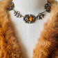 1920s Art Deco Enamelled Floral Metal Jeweled Amber Glass Link Necklace