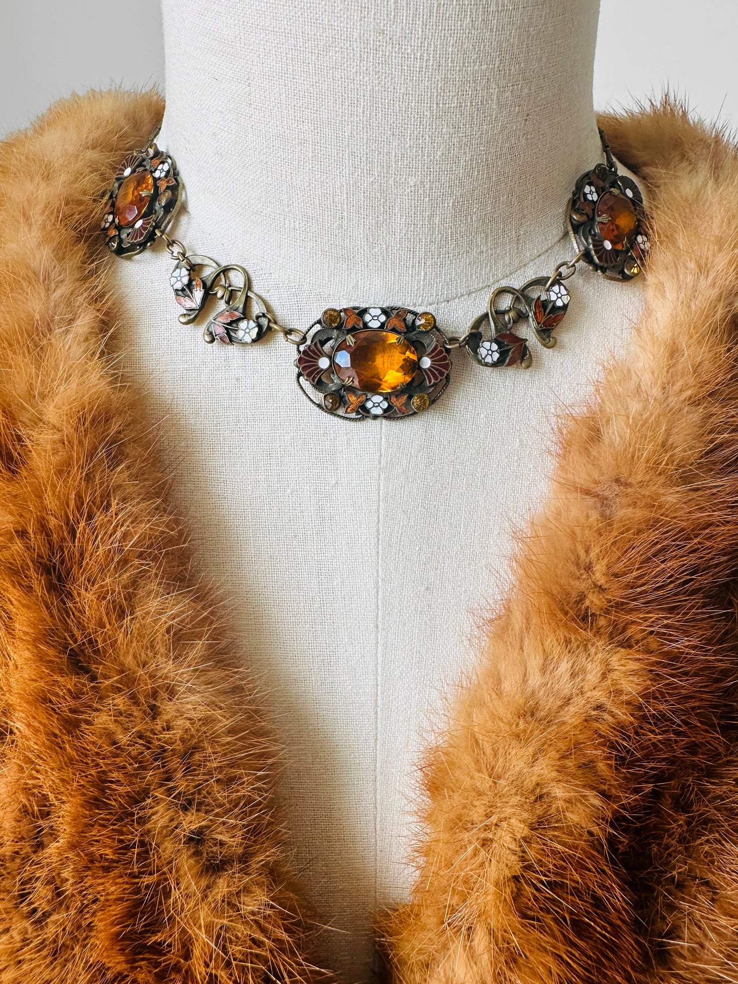 1920s Art Deco Enamelled Floral Metal Jeweled Amber Glass Link Necklace