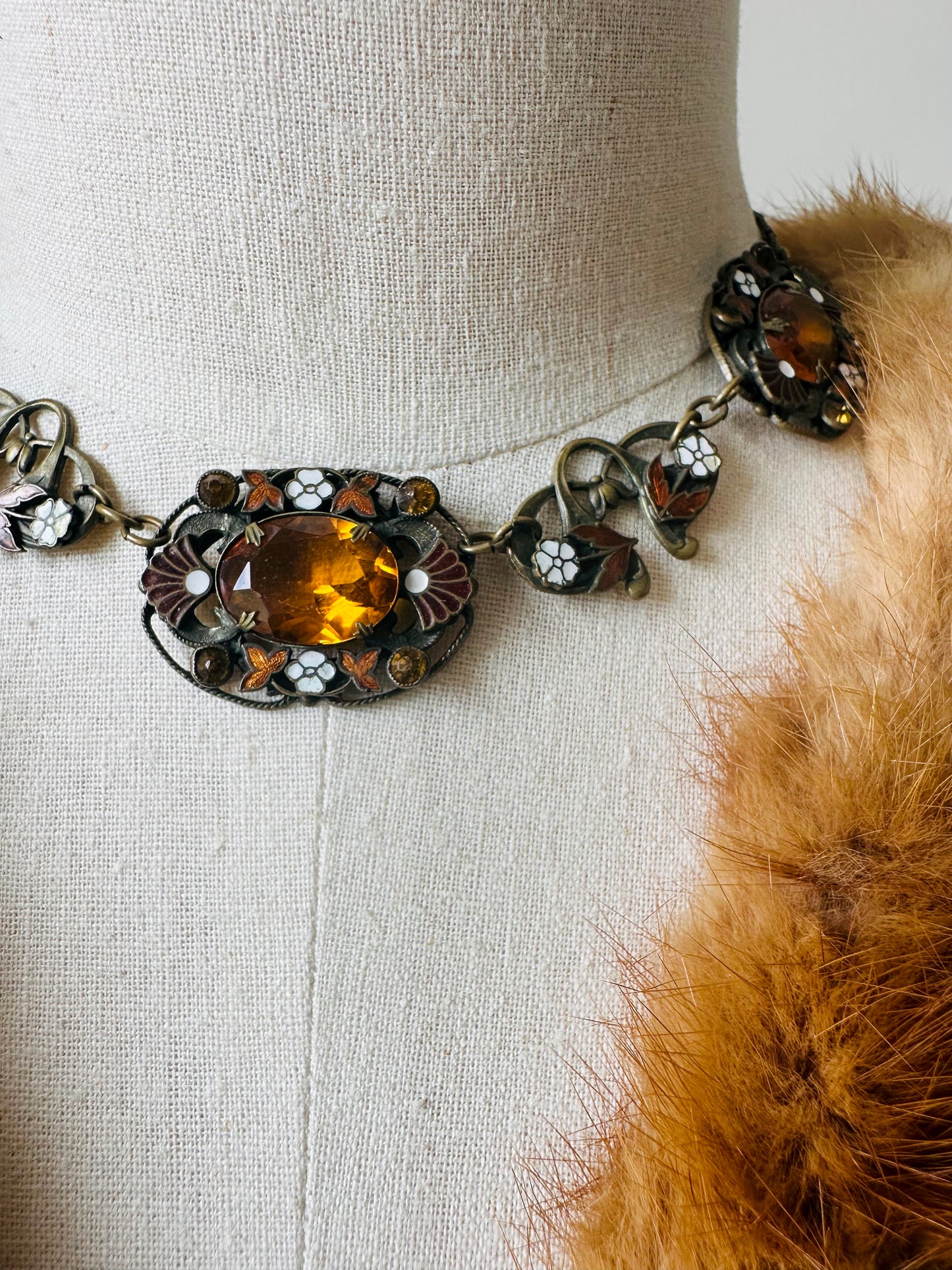 1920s Art Deco Enamelled Floral Metal Jeweled Amber Glass Link Necklace