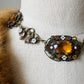 1920s Art Deco Enamelled Floral Metal Jeweled Amber Glass Link Necklace