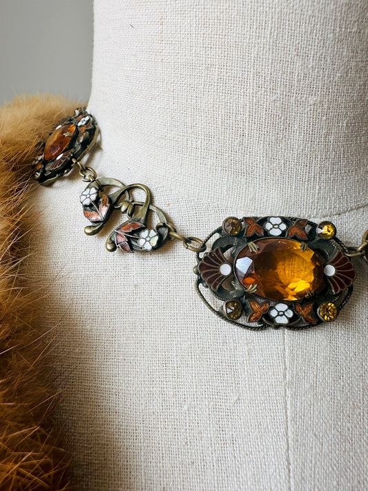 1920s Art Deco Enamelled Floral Metal Jeweled Amber Glass Link Necklace