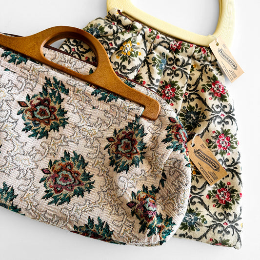 1970s - 1980s Floral Tapestry Faux Wood Handled Zip Top Handbag