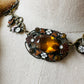 1920s Art Deco Enamelled Floral Metal Jeweled Amber Glass Link Necklace