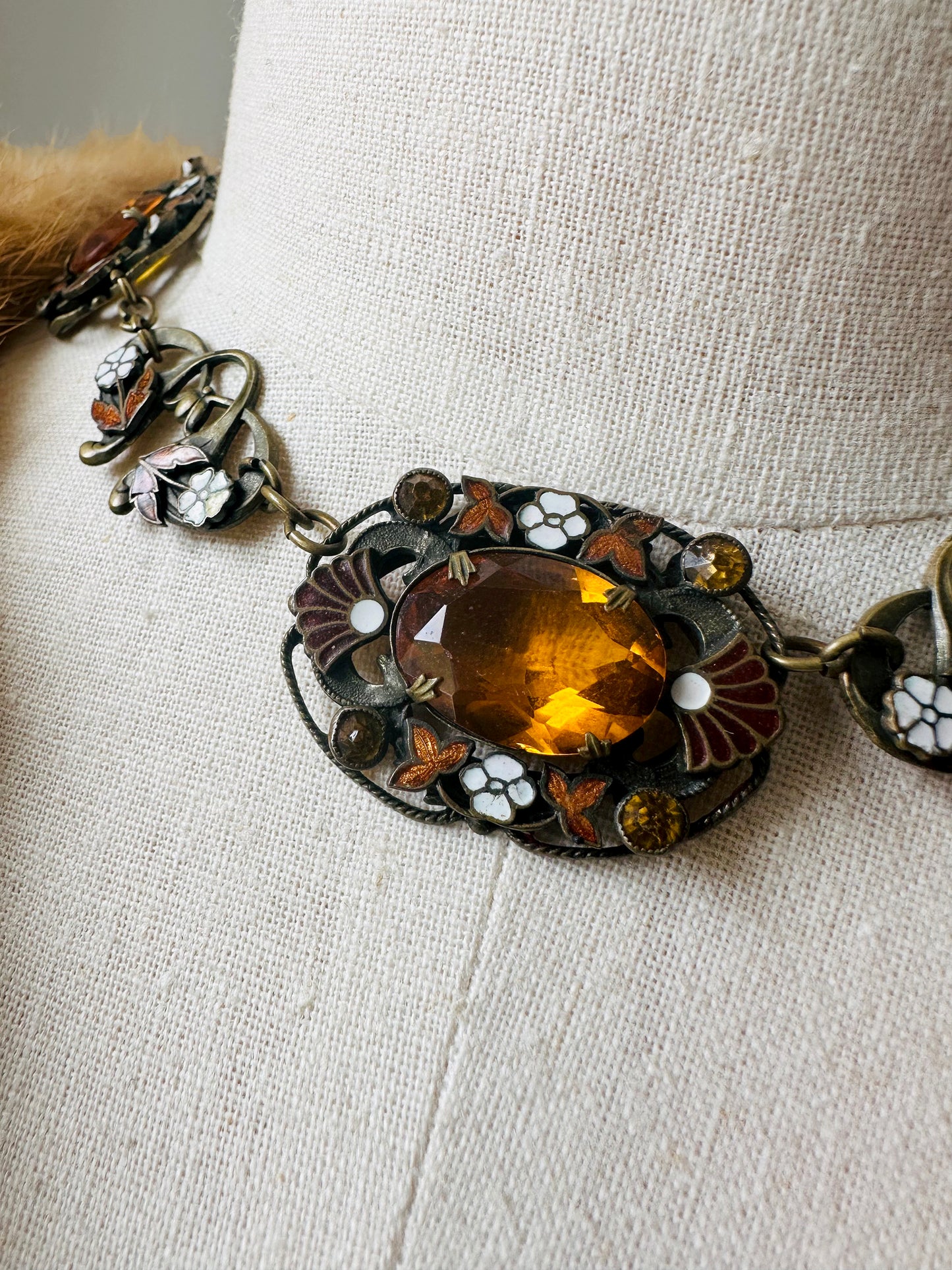 1920s Art Deco Enamelled Floral Metal Jeweled Amber Glass Link Necklace