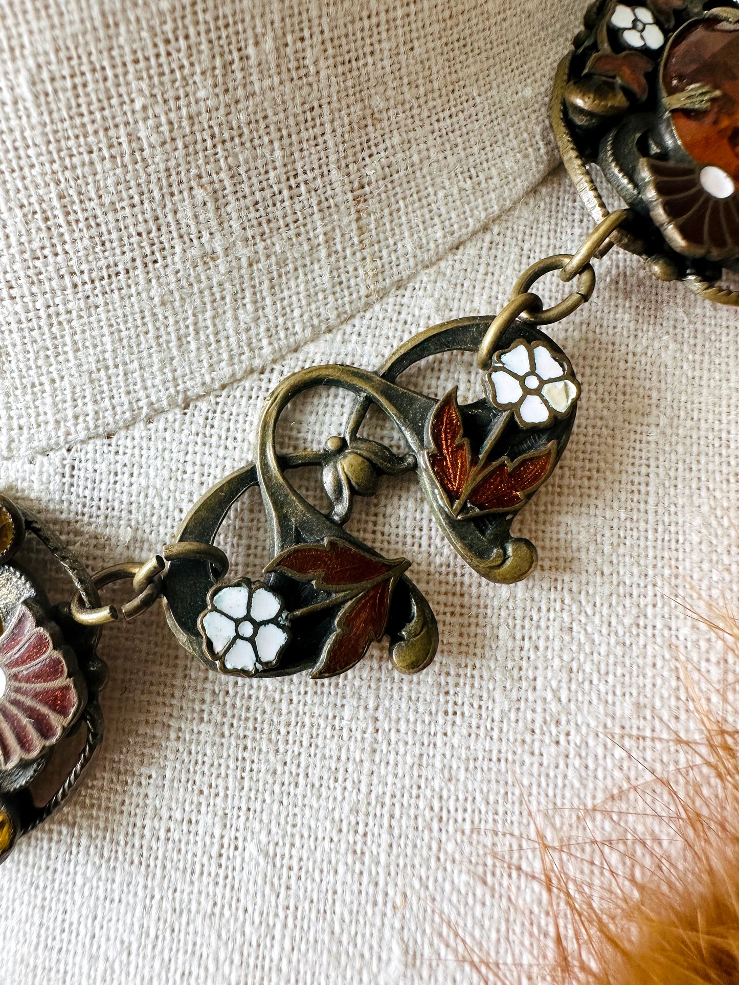 1920s Art Deco Enamelled Floral Metal Jeweled Amber Glass Link Necklace