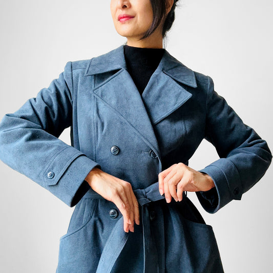 1970s Slate Blue Belted Double-Breasted Quilted Micro Suede Trench Coat - Sz. S