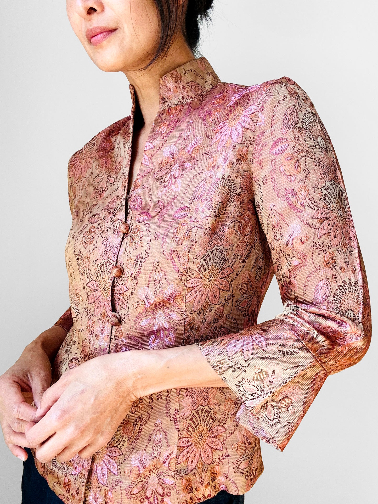 1990s Fitted Button Front European Silk Brocade Top- Sz. XS/S
