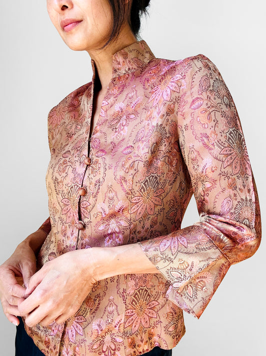 1990s Fitted Button Front European Silk Brocade Top- Sz. XS/S