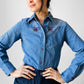 1990s - 2000s Floral Cross Stitch Button-Front Chambray Jean Denim Shirt - Sz. XS