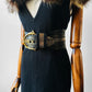 1970s - 1980s Wide Black and Gold Leather Cat Head Belt  - Sz. M/L