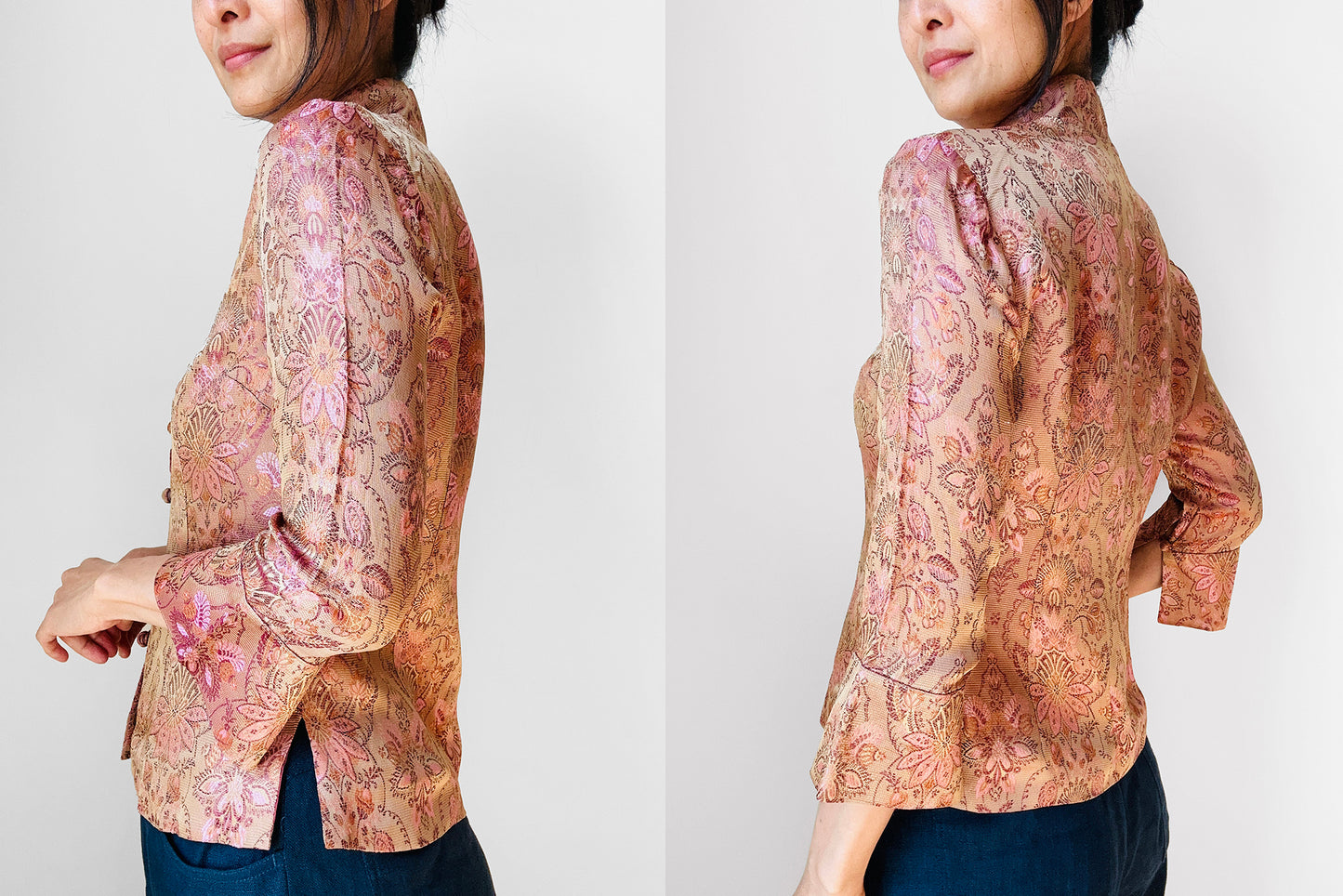 1990s Fitted Button Front European Silk Brocade Top- Sz. XS/S