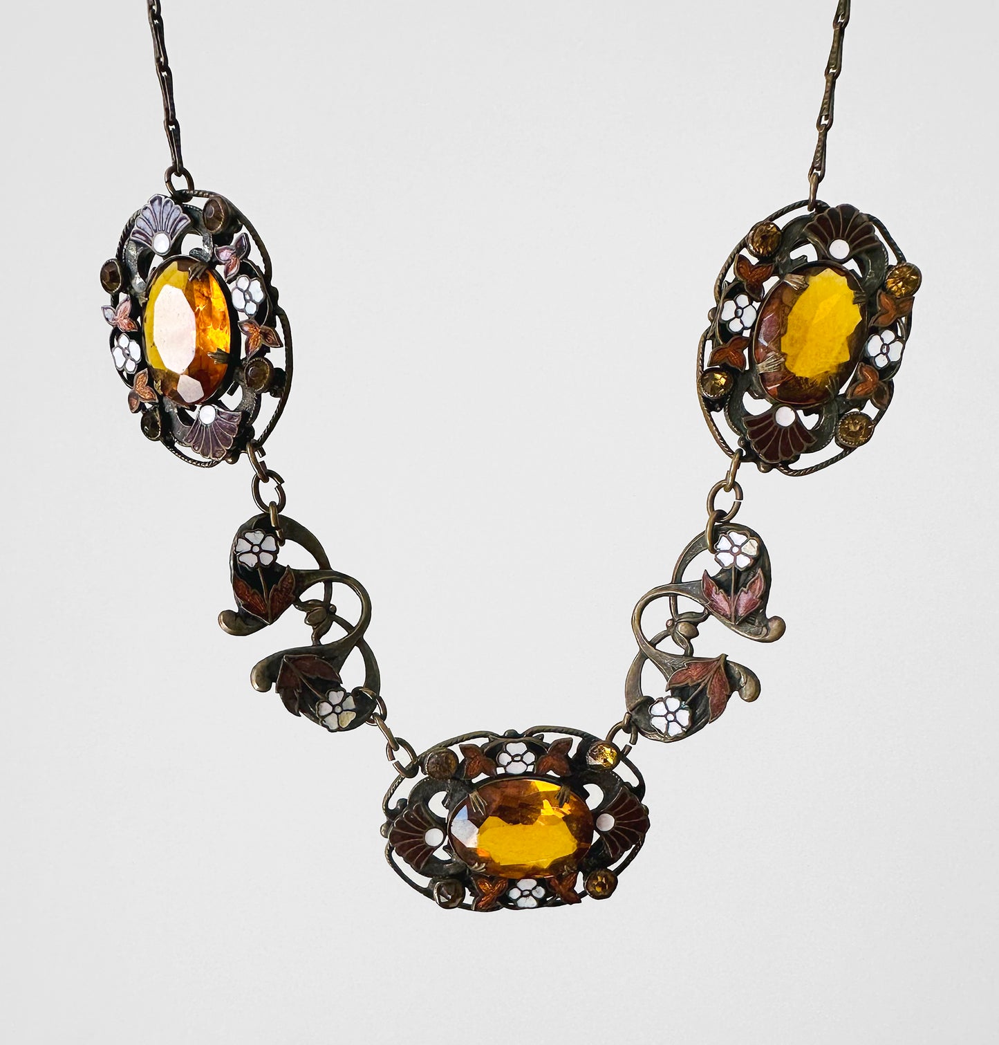 1920s Art Deco Enamelled Floral Metal Jeweled Amber Glass Link Necklace