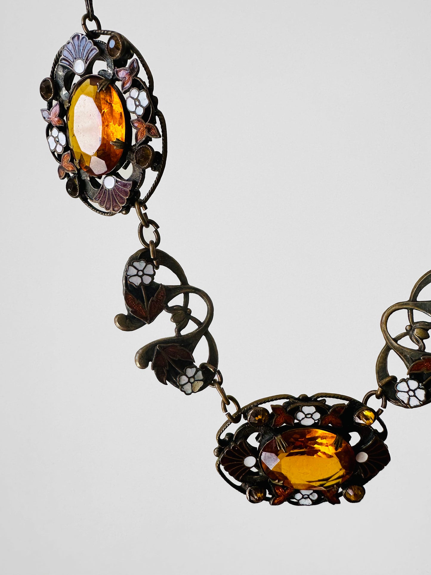 1920s Art Deco Enamelled Floral Metal Jeweled Amber Glass Link Necklace