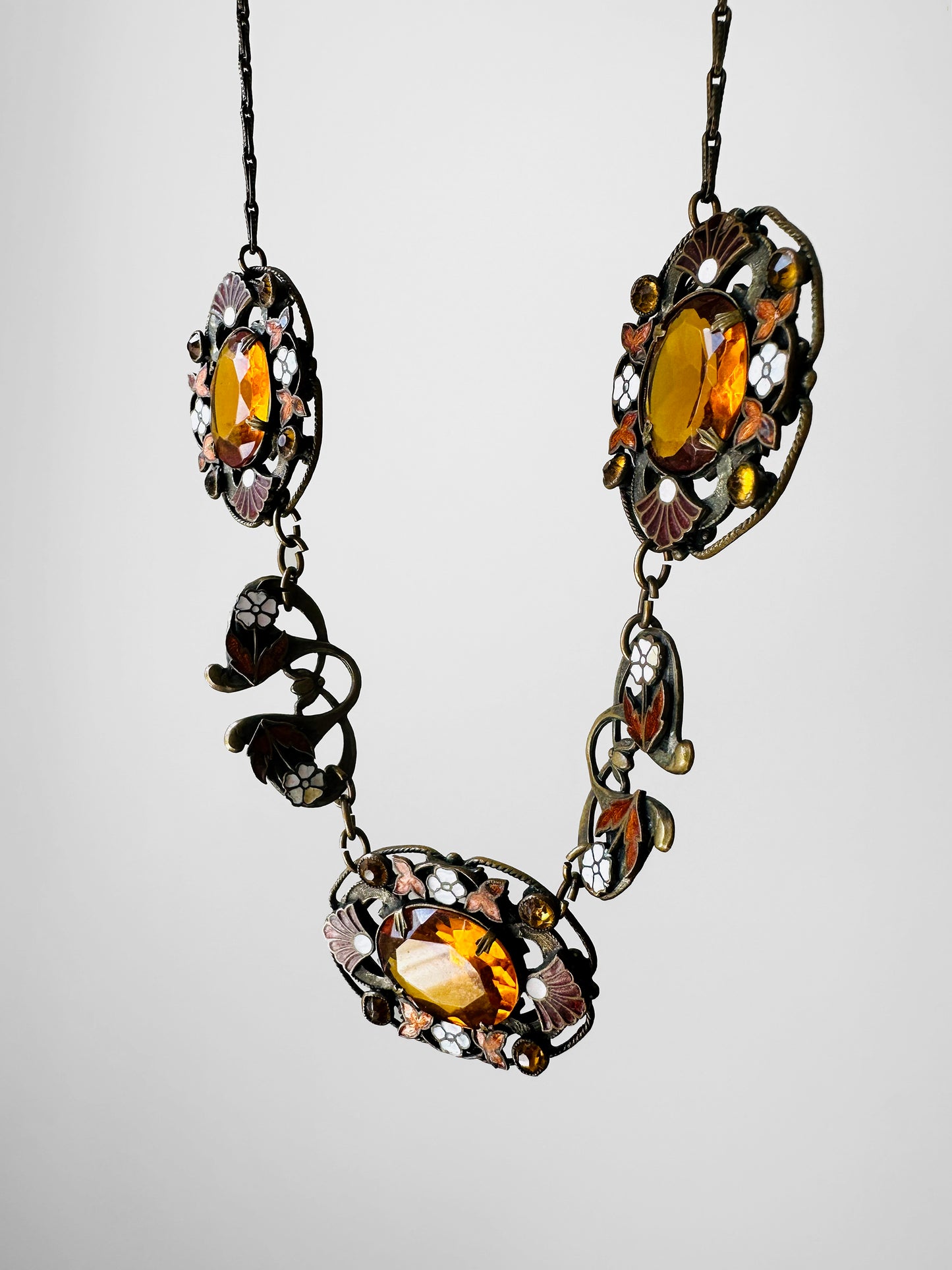 1920s Art Deco Enamelled Floral Metal Jeweled Amber Glass Link Necklace