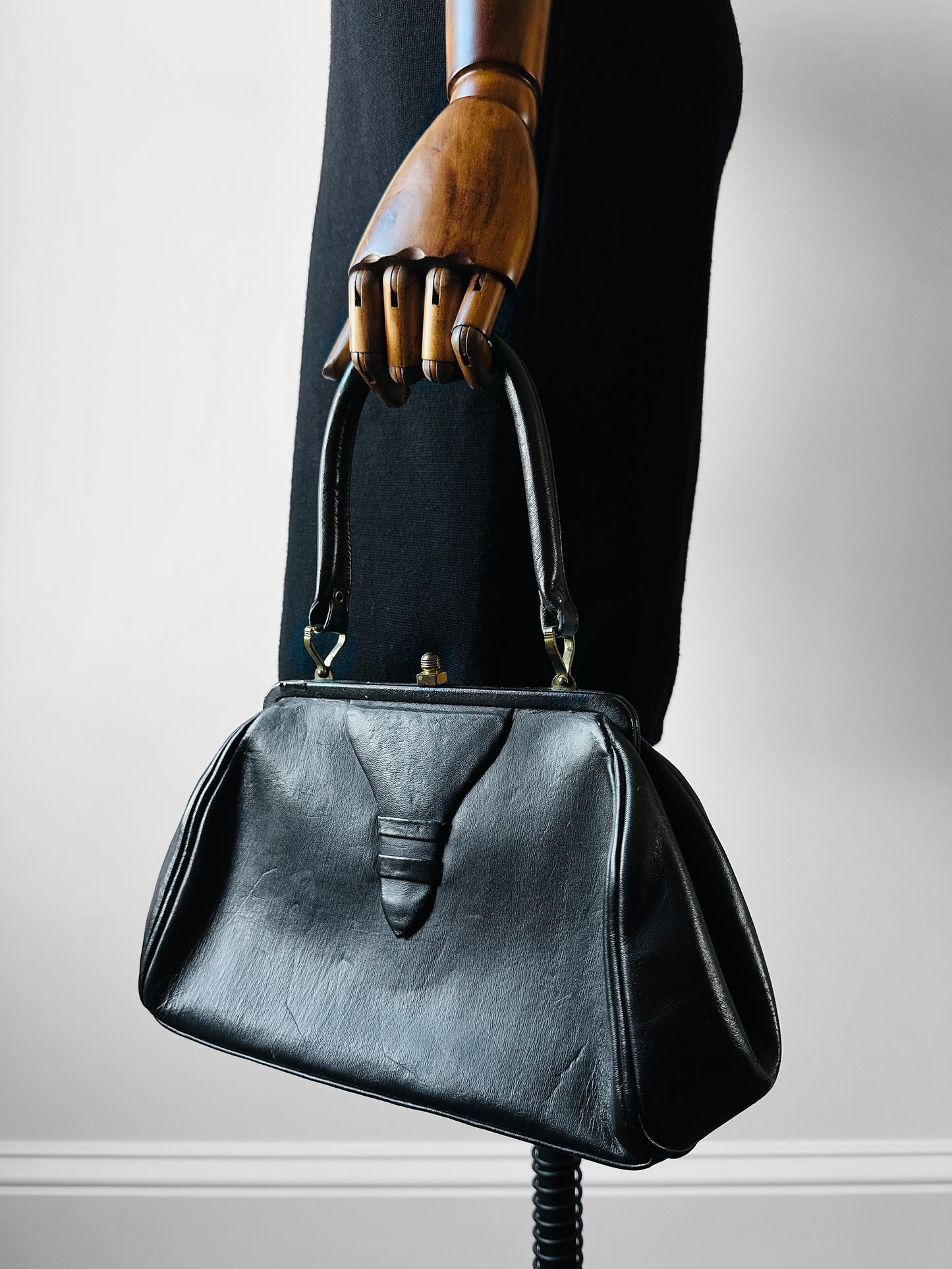 1940s - 1950s Black Leather Handbag with Brass Accents