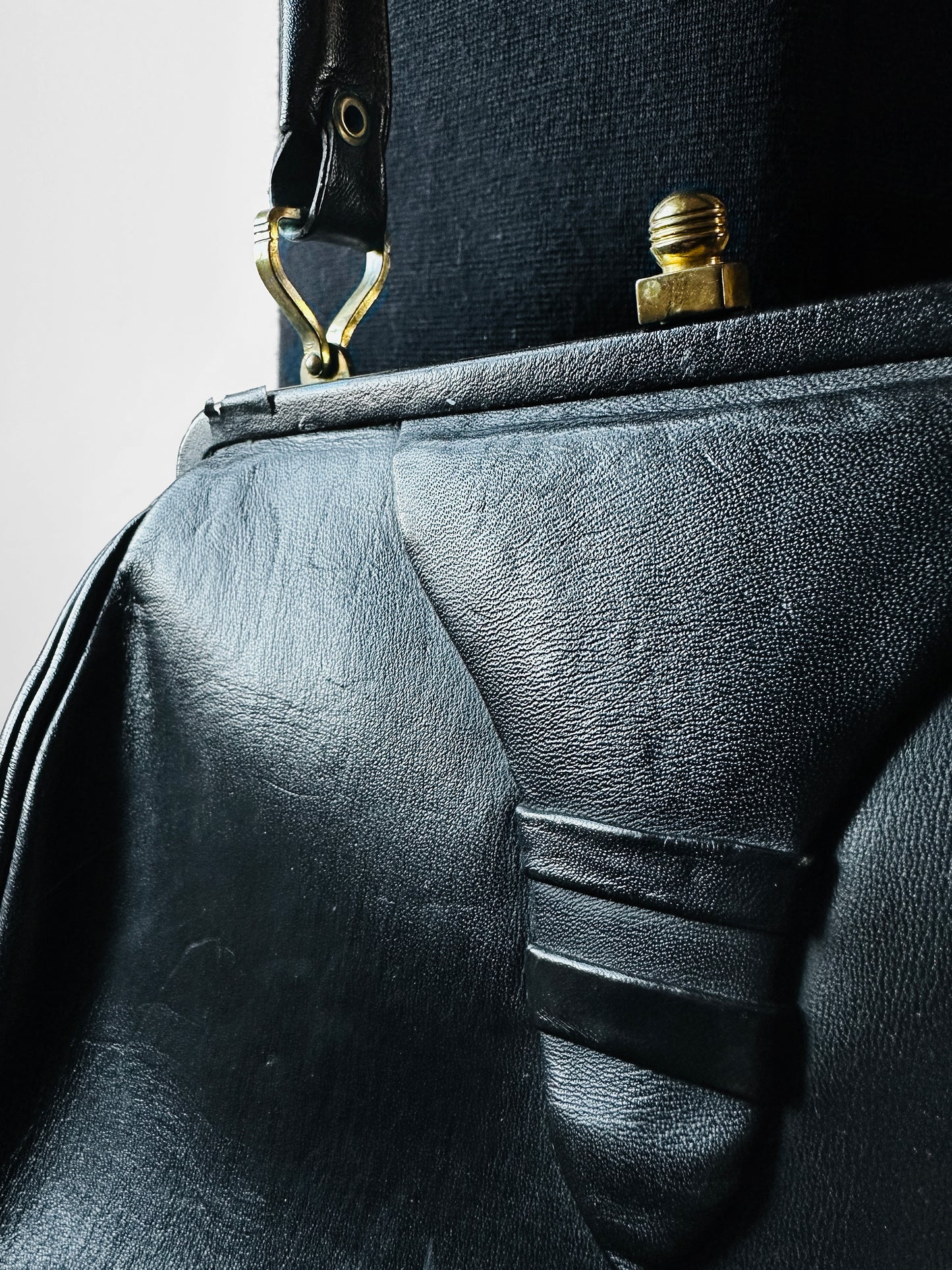 1940s - 1950s Black Leather Handbag with Brass Accents
