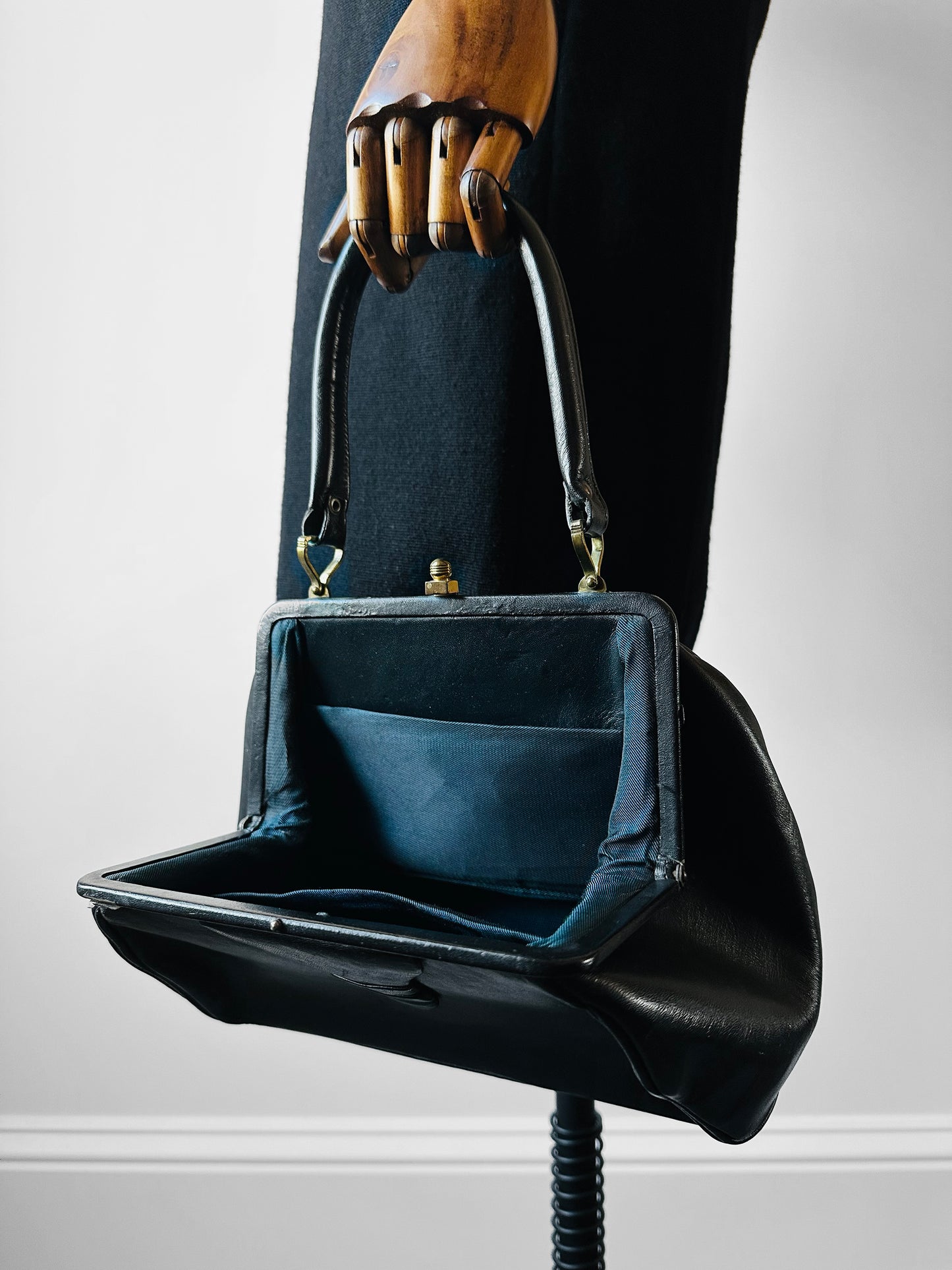 1940s - 1950s Black Leather Handbag with Brass Accents