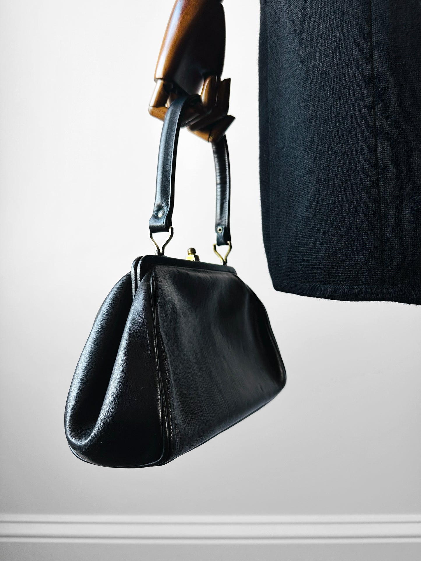 1940s - 1950s Black Leather Handbag with Brass Accents