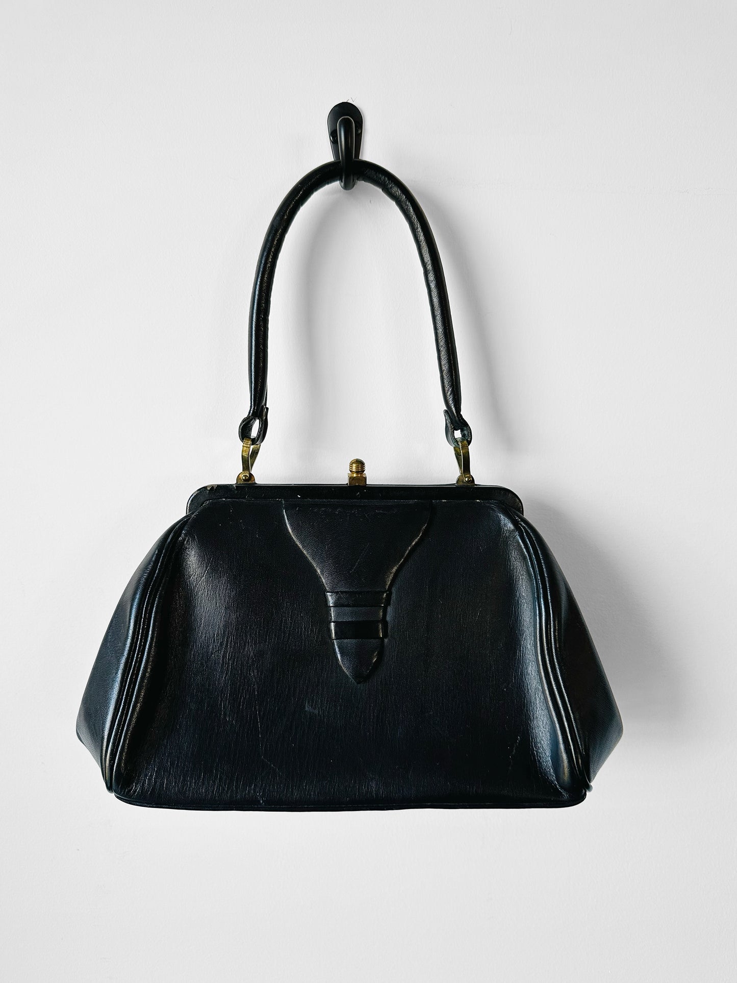 1940s - 1950s Black Leather Handbag with Brass Accents
