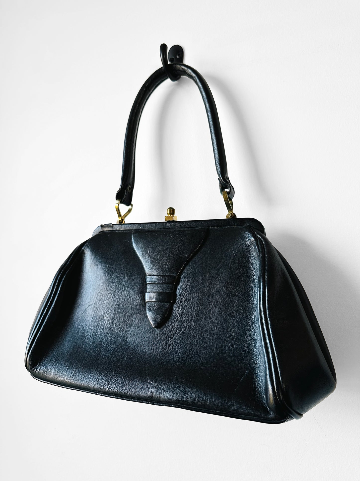 1940s - 1950s Black Leather Handbag with Brass Accents