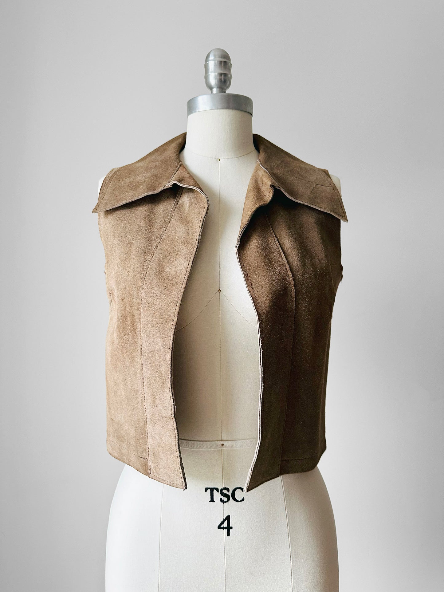1960s Tan Sleeveless Crop Leather Suede Vest - Sz. XS