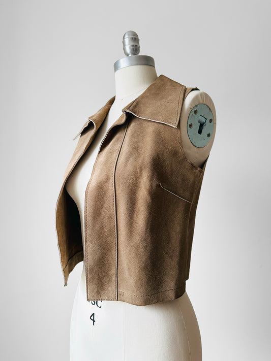 1960s Tan Sleeveless Crop Leather Suede Vest - Sz. XS