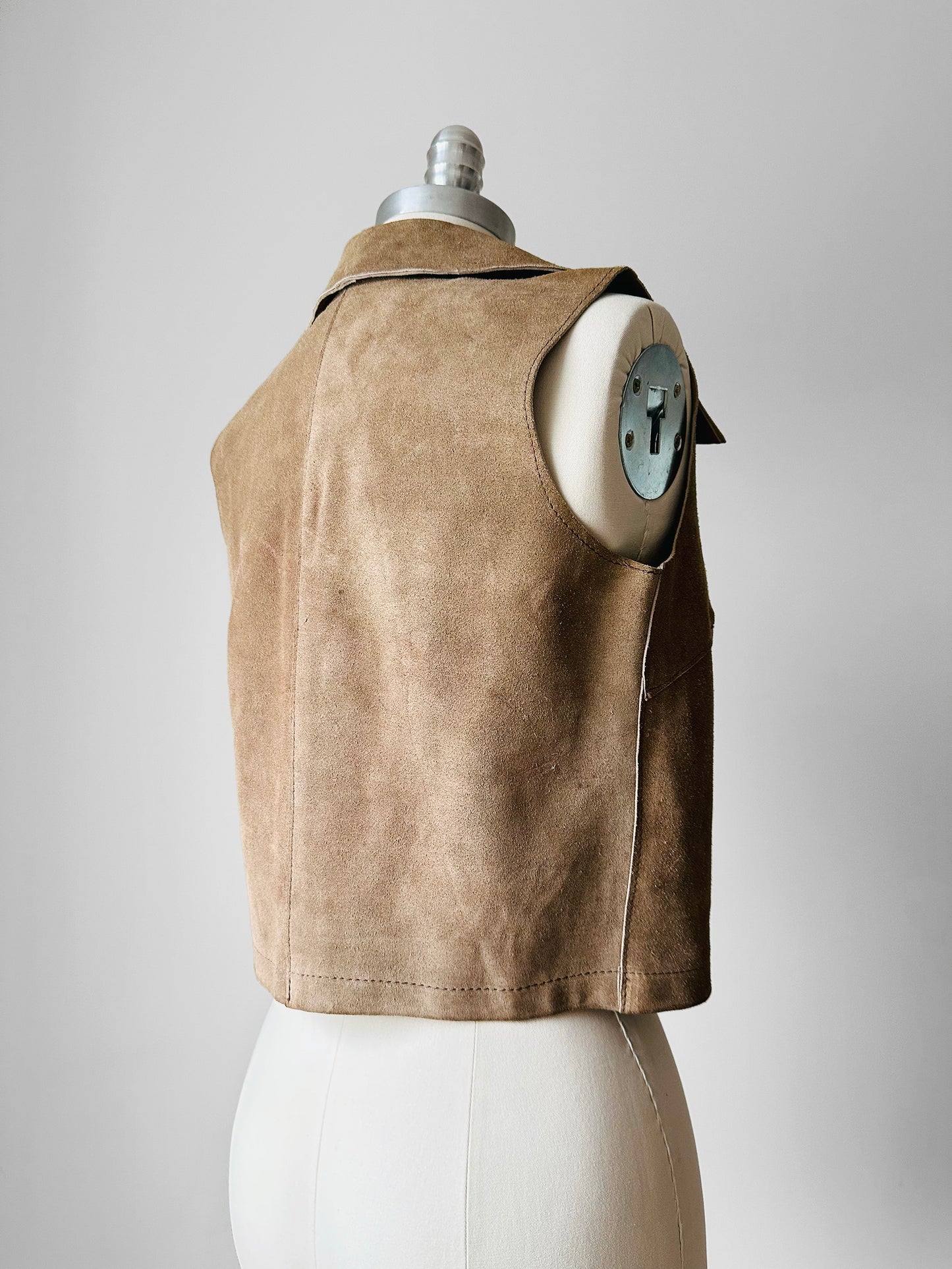 1960s Tan Sleeveless Crop Leather Suede Vest - Sz. XS