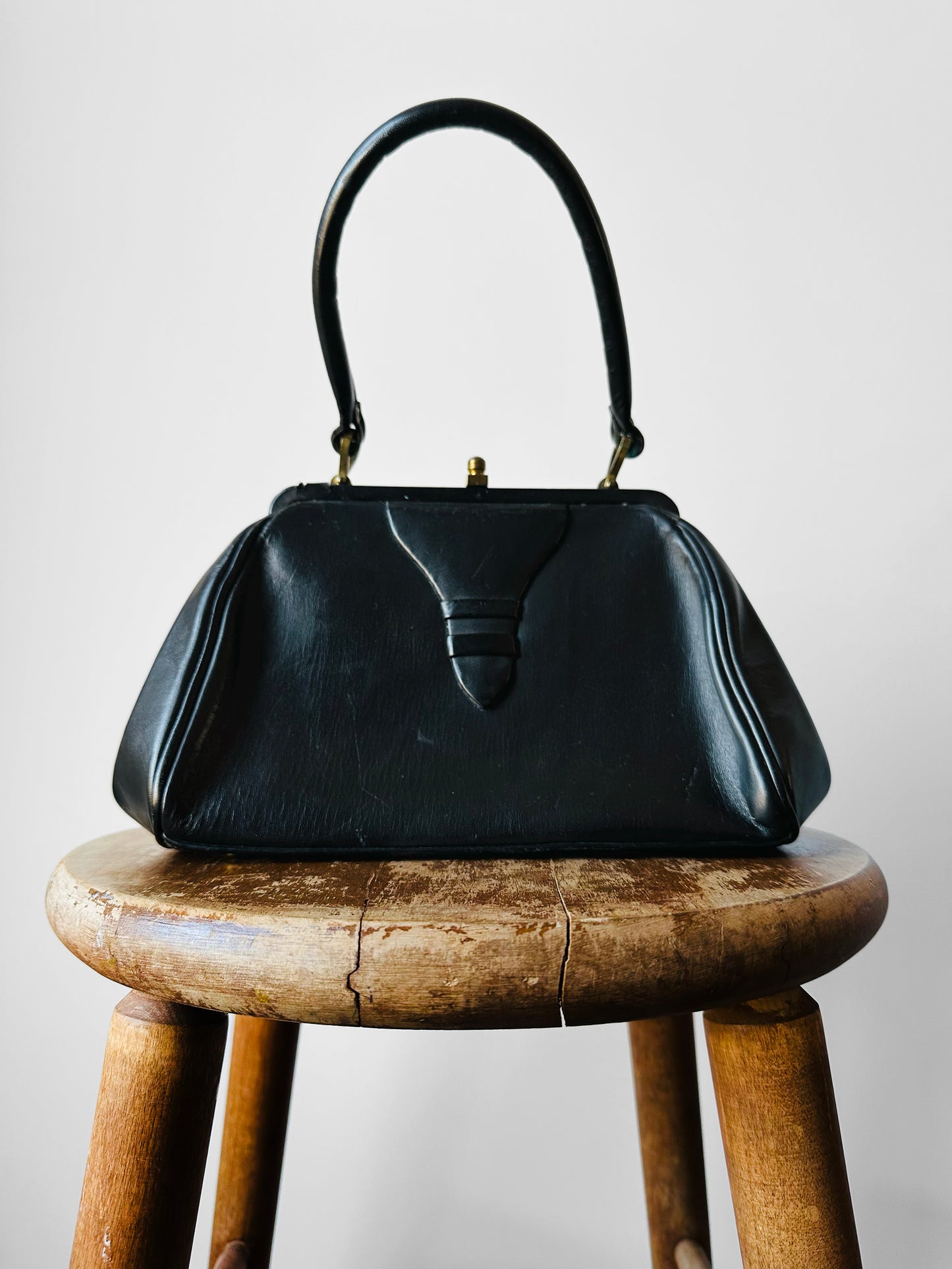 1940s - 1950s Black Leather Handbag with Brass Accents