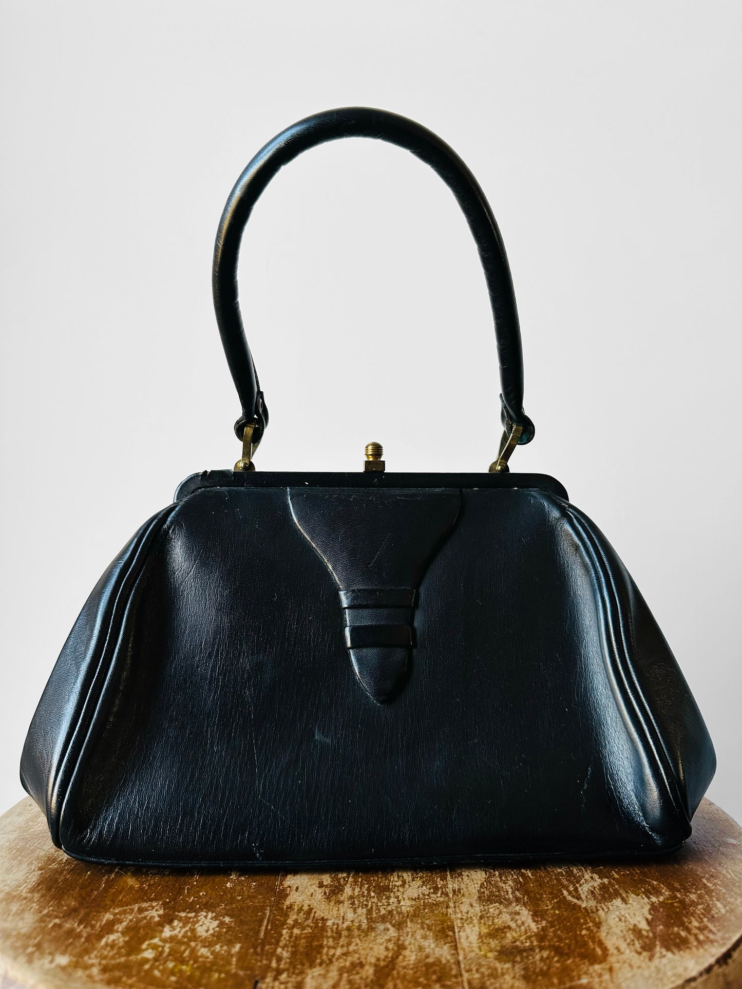 1940s - 1950s Black Leather Handbag with Brass Accents