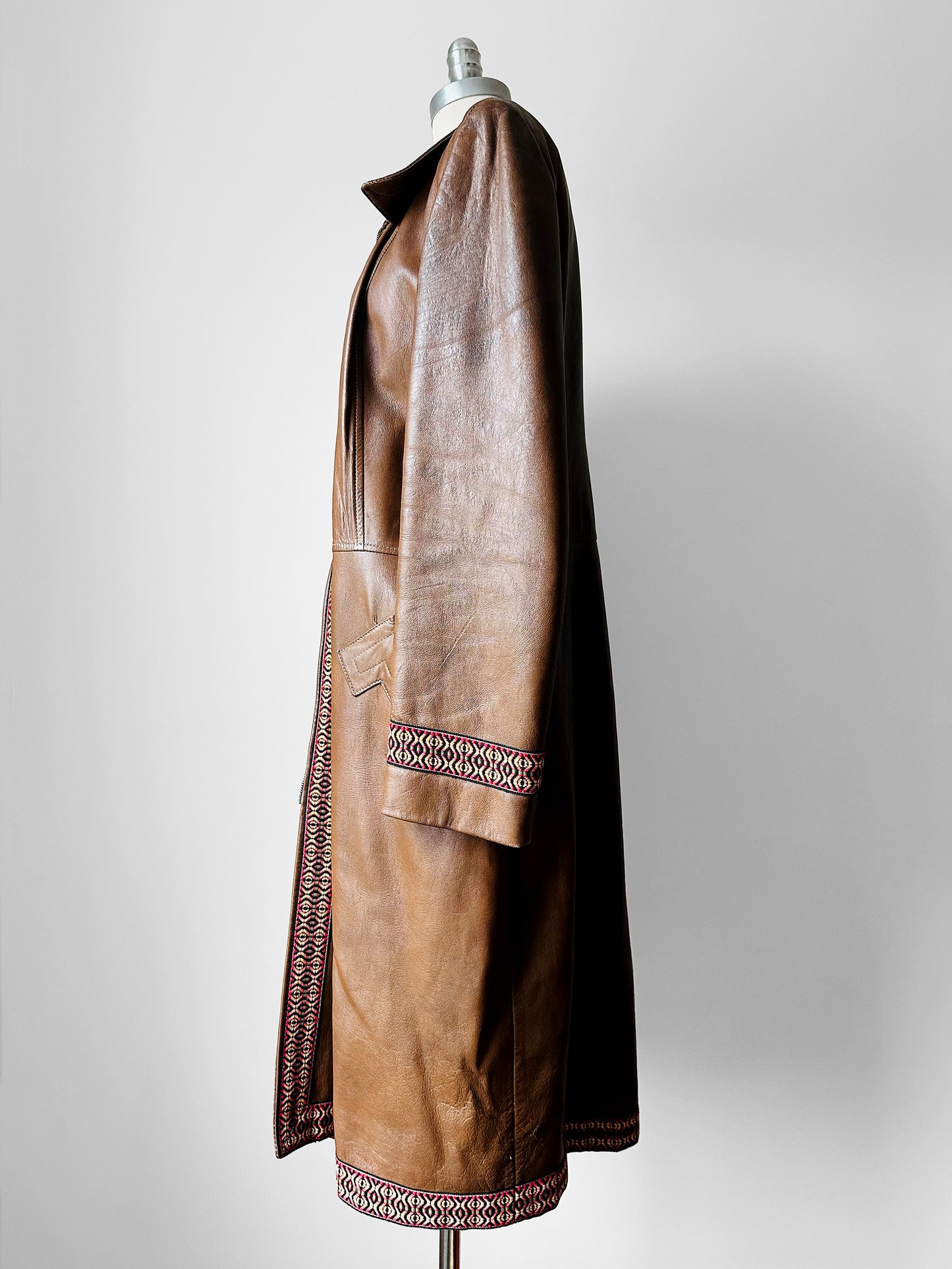 Late 1960s Saddle Brown Leather Woven Trim Metal Zipper Coat - Sz. M