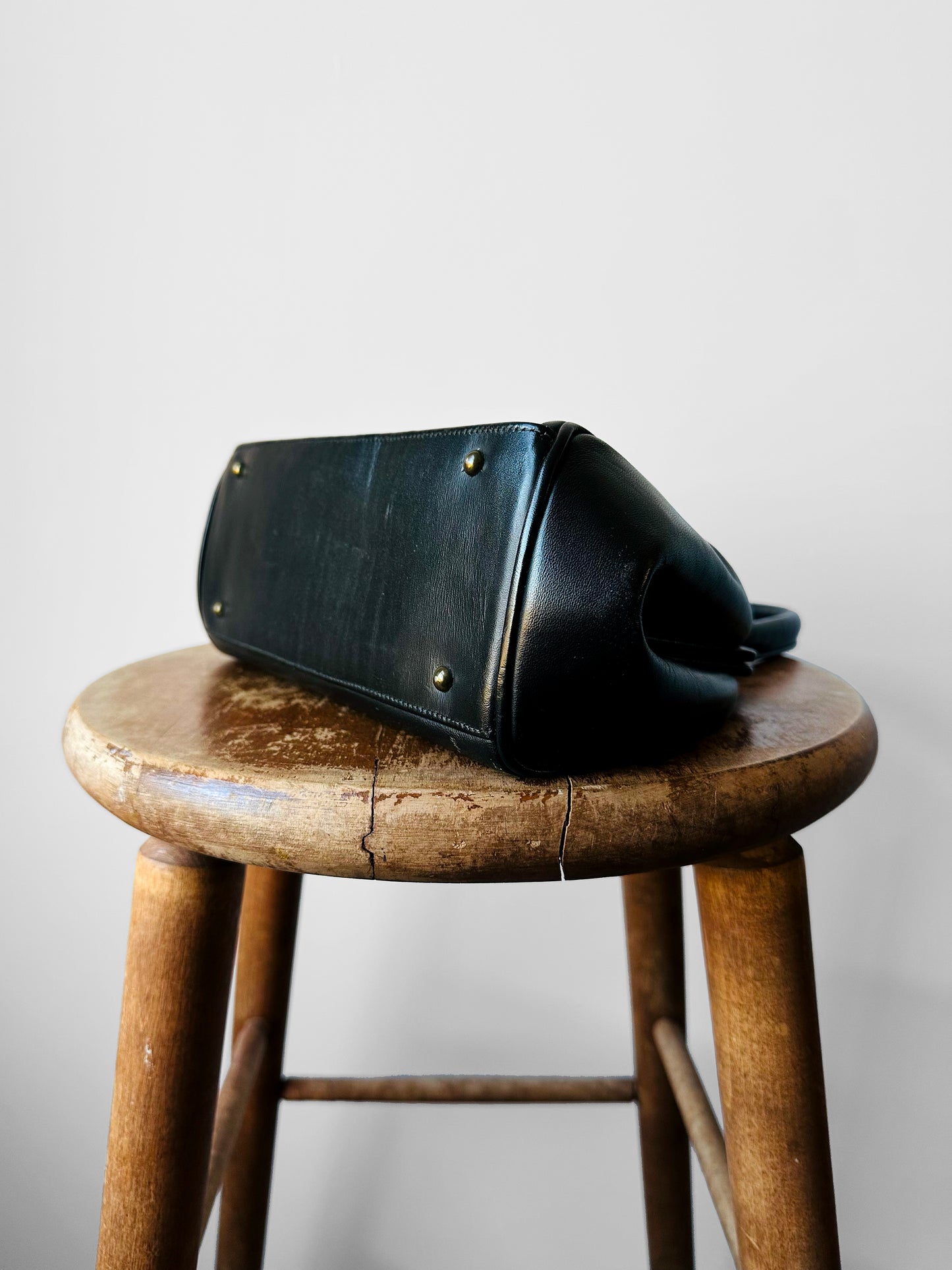 1940s - 1950s Black Leather Handbag with Brass Accents