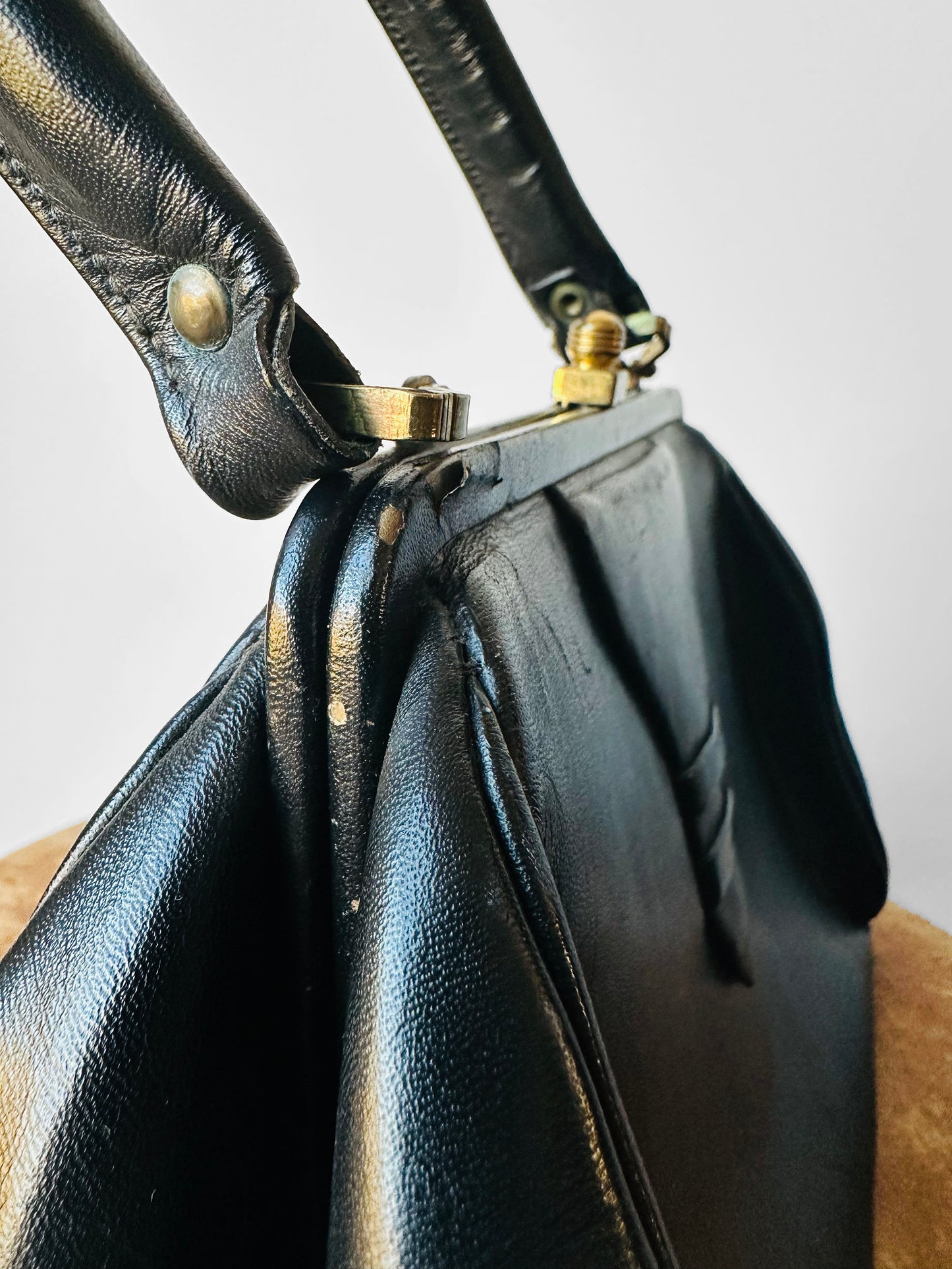 1940s - 1950s Black Leather Handbag with Brass Accents